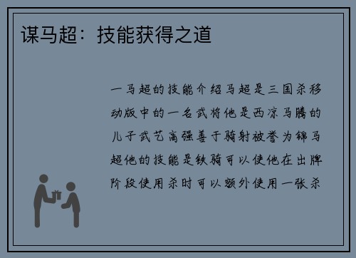 谋马超:技能获得之道